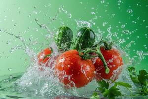 ai généré puissant liquide explosion, concombre, herbes et tomates photo