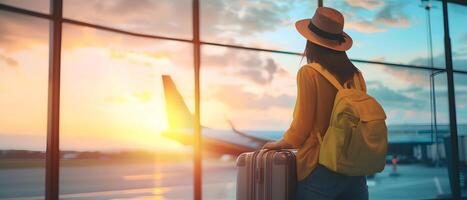 ai généré femelle touristique là sont gros les valises attendre à planche le avion à le aéroport. photo