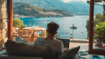 ai généré une la personne se détend sur une banc par le mer, entouré par le paisible ambiance de la nature et La technologie photo