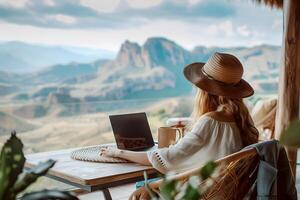 ai généré une femme travail sur sa portable au milieu de le beauté de la nature tandis que travail à distance photo