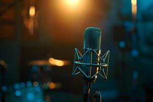 ai généré une microphone est dans le premier plan, avec une bleu et Orange lueur autour il. photo