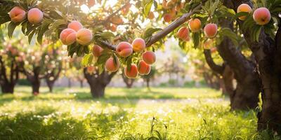 ai généré mûr sucré les pêches croissance sur une pêche arbre dans le jardin. fermer de les pêches et pêche des arbres dans lumière du soleil photo