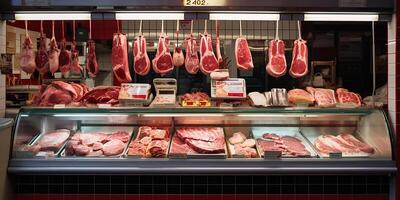 ai généré Boucher magasin la fenêtre. le plus frais Viande. délicieux Frais steaks photo