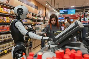 ai généré robot assistant dans une épicerie magasin. photo