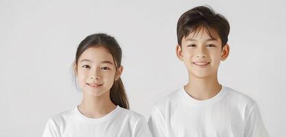 ai généré portrait de deux asiatique les enfants. asiatique frère et sœur photo