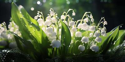 ai généré photoréaliste image de blanc lis de le vallée fleurs. photo