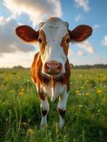 ai généré curieuse veau sur vert Prairie pendant le coucher du soleil photo