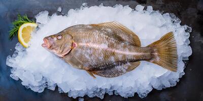 ai généré photoréaliste image de fraîchement pris mer poisson sur un la glace lit photo