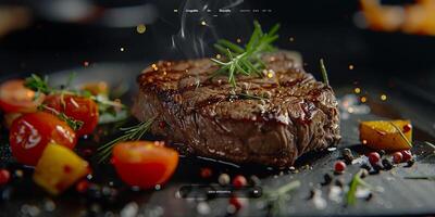 ai généré grillé Viande steak servi sur une assiette avec épices et herbes. esthétique image pour restaurant, menu. photo