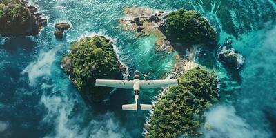 ai généré Haut vers le bas vue de une blanc avion en volant plus de le bleu mer et îles. vacances concept photo