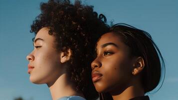 ai généré gracieux côté profil de deux diverse Jeune femmes, à vitrine diversité, partagé Naturel élégance, et la grâce dans une fermer, côté profil portrait de photo