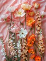 ai généré fleurs composition sur pastel rose Contexte. plat poser, Haut vue photo