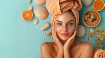 ai généré magnifique Jeune femme avec une serviette sur sa tête et cosmétique masque sur sa affronter. spa concept. photo