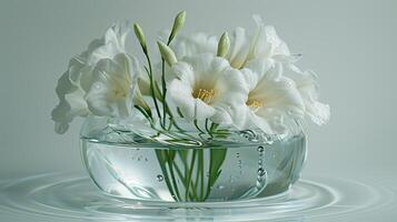 ai généré blanc freesia fleurs dans une verre bol avec l'eau ondulations photo