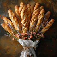 ai généré bouquet de Frais baguettes sur une rustique Contexte. photo