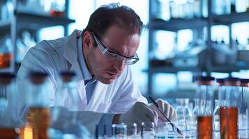 ai généré scientifique travail dans laboratoire. Jeune homme dans laboratoire manteau et lunettes. photo