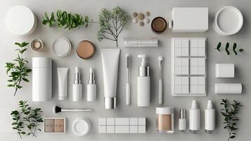 ai généré plat allonger composition avec cosmétique des produits sur lumière arrière-plan, Haut vue photo