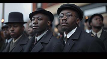 ai généré groupe de africain américain Hommes dans Haut chapeau avec arc cravate. noir histoire mois concept. photo