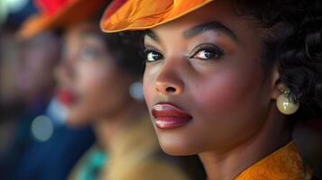 ai généré fermer portrait de une magnifique africain américain femme portant une chapeau. noir histoire mois concept. photo