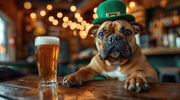 ai généré français bouledogue dans une vert lutin chapeau et une verre de Bière dans une pub. photo