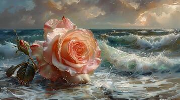 ai généré numérique La peinture de une rose Rose sur le rivage avec orageux vagues photo