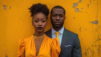 ai généré magnifique africain américain couple permanent sur une Jaune Contexte. noir histoire mois concept. photo