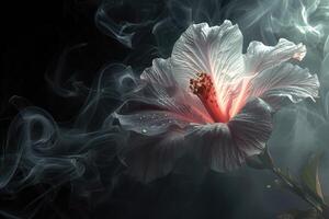 ai généré magnifique hibiscus fleur avec fumée sur noir Contexte. photo