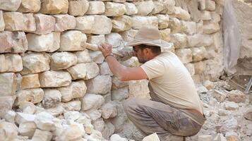 ai généré une maçon construit une pierre mur en utilisant bois, métal outils, et bâtiment matériaux comme briques et rochers. photo