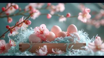 ai généré Pâques des œufs dans une en bois boîte et printemps fleurs sur une rose arrière-plan, plume, Sakura photo