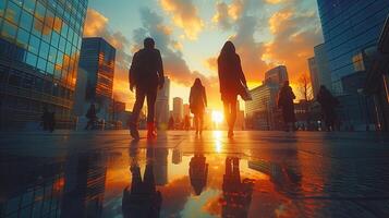 ai généré silhouette de affaires gens en marchant dans le ville à le coucher du soleil. photo