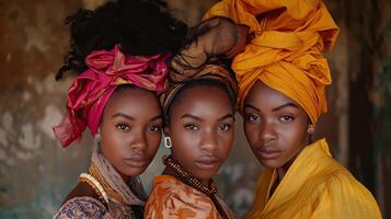 ai généré Trois magnifique africain américain femmes dans traditionnel Vêtements permanent dans une ligne. noir histoire mois concept. photo