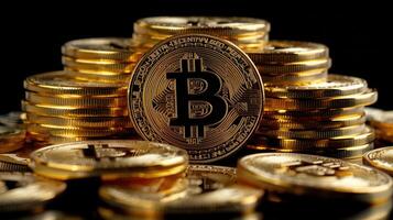 ai généré Bitcoin. physique bit pièce de monnaie. numérique monnaie. crypto-monnaie. d'or pièce de monnaie avec bitcoin symbole sur une noir Contexte. photo