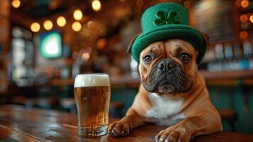 ai généré français bouledogue dans une vert lutin chapeau et une verre de Bière dans une pub. photo