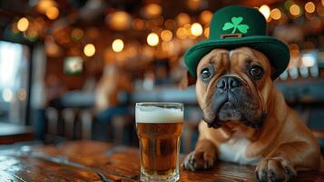 ai généré français bouledogue dans une vert lutin chapeau et une verre de Bière dans une pub. photo