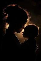 ai généré silhouette de une mère et sa fille sur une noir Contexte. de la mère journée photo