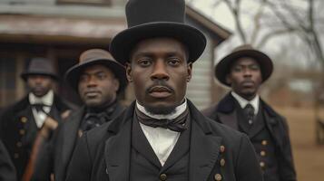 ai généré Beau africain américain homme dans chapeau et des lunettes sur rue. noir histoire mois concept. photo