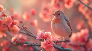 ai généré une pinson est assis sur une branche avec rose fleurs. photo