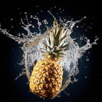 ai généré une ananas est éclabousser l'eau sur une noir Contexte photo