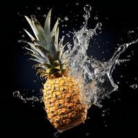 ai généré une ananas est éclabousser l'eau sur une noir Contexte photo