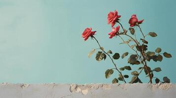 ai généré rouge des roses contre une bleu mur photo