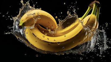 ai généré bananes sont étant éclaboussé avec l'eau sur une noir Contexte photo