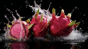 ai généré une dragon fruit est éclabousser l'eau photo