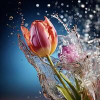 ai généré une rose tulipe est éclabousser l'eau dans le air photo