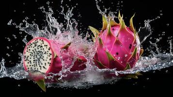 ai généré une dragon fruit est éclabousser l'eau photo