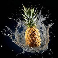 ai généré une ananas est éclabousser l'eau sur une noir Contexte photo