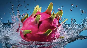 ai généré une dragon fruit est éclabousser l'eau photo