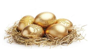 ai généré Pâques d'or des œufs sur blanc Contexte photo