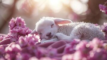 ai généré adorable Pâques agneau avec fleurit, parfait copie espace photo