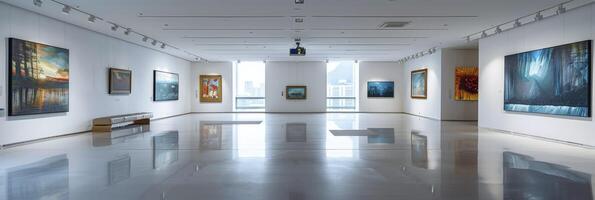 ai généré élégance dans simplicité, art Galerie orné avec magnifique peintures contre minimaliste blanc des murs photo