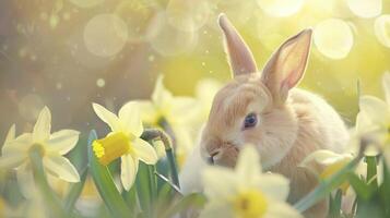 ai généré un lapin dans une jonquilles champ dans une bokeh Contexte photo